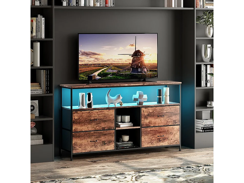 108 x 29,8 x 76,8 cm, TV Stands - Armoire avec 4 tiroirs en tissu - avec éclairage LED - Vintage imprimé tissu commode