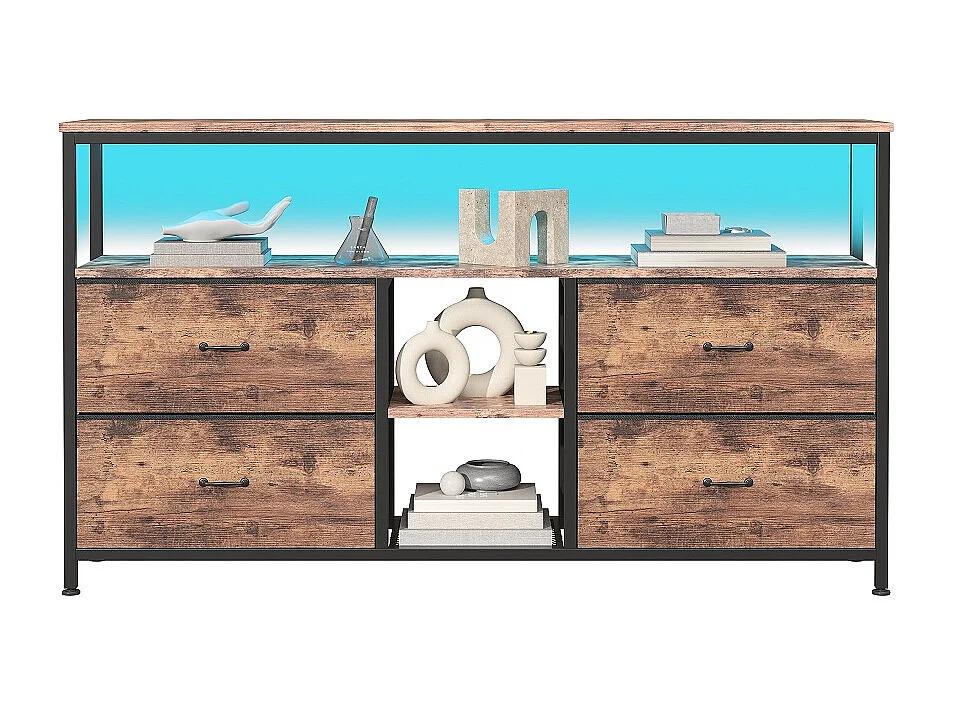 108 x 29,8 x 76,8 cm, TV Stands - Armoire avec 4 tiroirs en tissu - avec éclairage LED - Vintage imprimé tissu commode