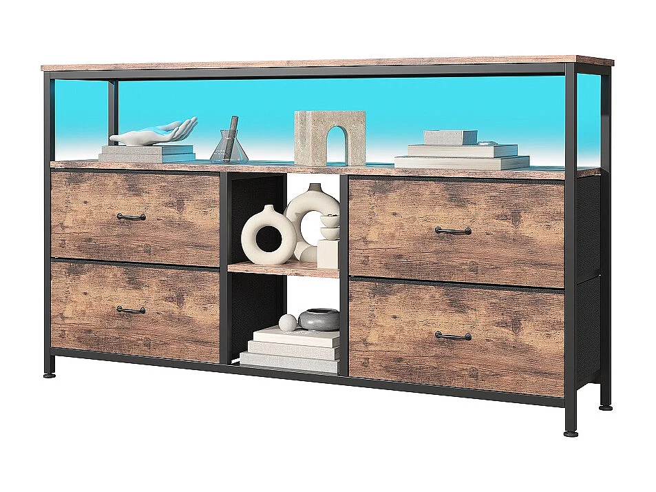 108 x 29,8 x 76,8 cm, TV Stands - Armoire avec 4 tiroirs en tissu - avec éclairage LED - Vintage imprimé tissu commode