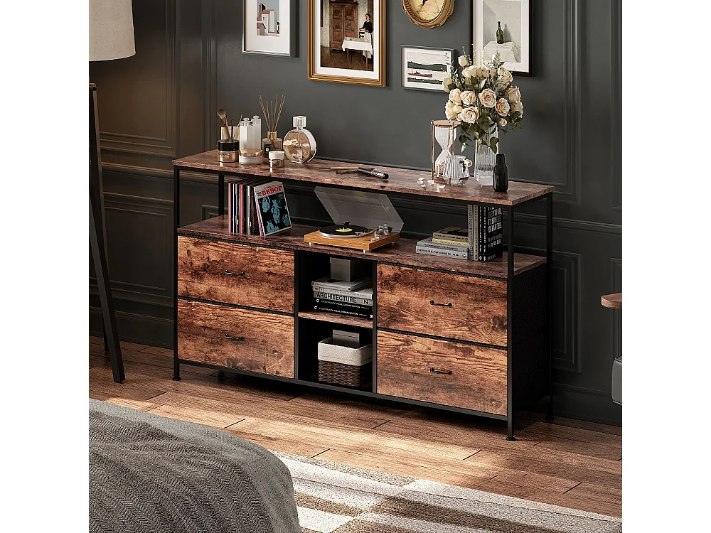 Salon Armoire de stockage avec 4 tiroirs en tissu - 108 x 29,8 x 76,8 cm avec éclairage LED - Vintage imprimé tissu commode tiroirs TV Banc