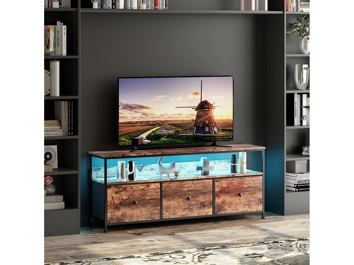 108 x 30 x 57 cm, Banc TV - Cabinet de base de rangement pour le salon Chambre à coucher - avec lumières LED et espace de rangement ouvert