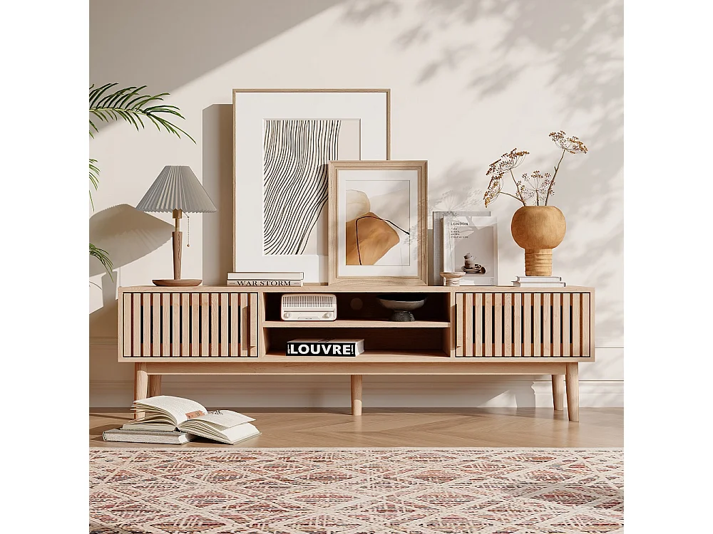 Massief houten tv-meubel in landelijke stijl 150x40x48 cm met 2 deuren, open planken en kabelbeheer
