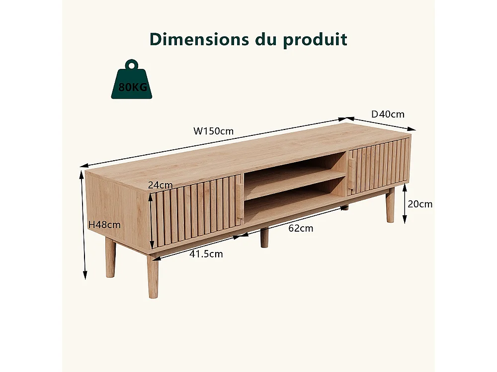 Massief houten tv-meubel in landelijke stijl 150x40x48 cm met 2 deuren, open planken en kabelbeheer