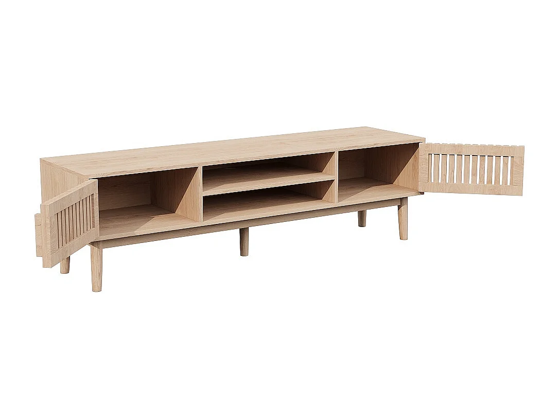 Massief houten tv-meubel in landelijke stijl 150x40x48 cm met 2 deuren, open planken en kabelbeheer