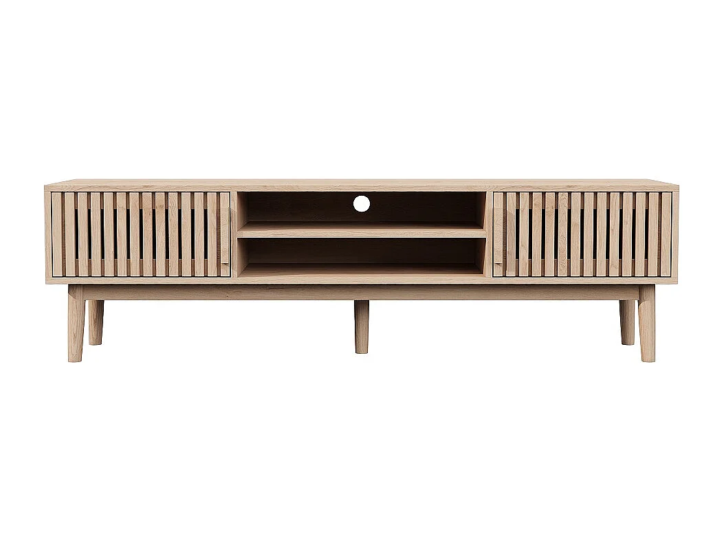 Massief houten tv-meubel in landelijke stijl 150x40x48 cm met 2 deuren, open planken en kabelbeheer