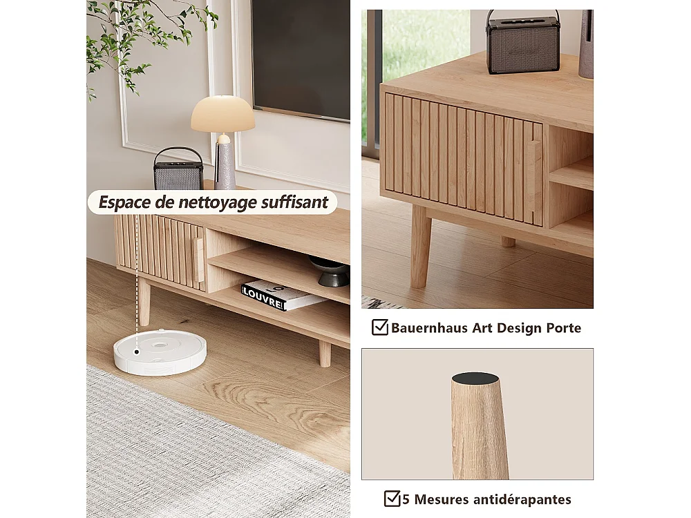Massief houten tv-meubel in landelijke stijl 150x40x48 cm met 2 deuren, open planken en kabelbeheer