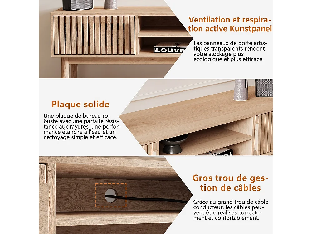 Massief houten tv-meubel in landelijke stijl 150x40x48 cm met 2 deuren, open planken en kabelbeheer