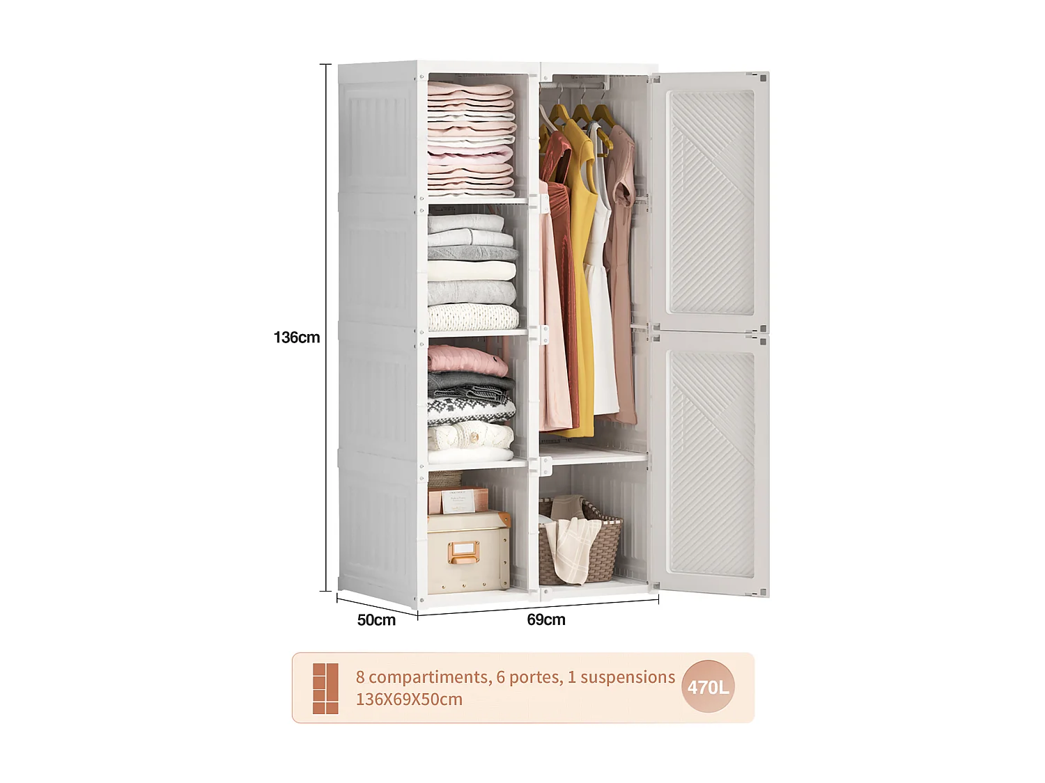 69 x 50 x 136 cm, Cabinet de chambre - avec 6 grilles et 6 portes - Armoire avec rail de vêtements
