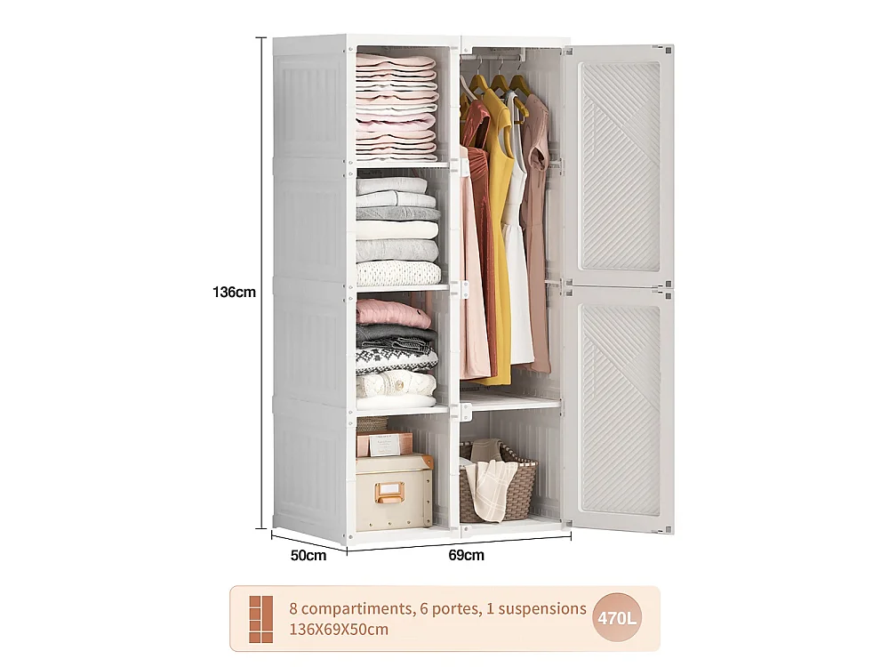 69 x 50 x 136 cm, Cabinet de chambre - avec 6 grilles et 6 portes - Armoire avec rail de vêtements