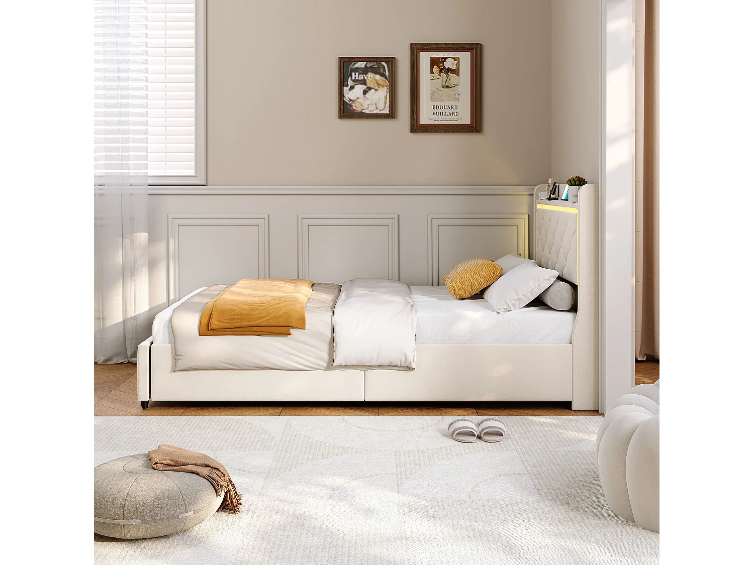 Lit capitonné avec tiroirs latéraux - 90 x 200 cm - avec port de charge USB - velours - beige