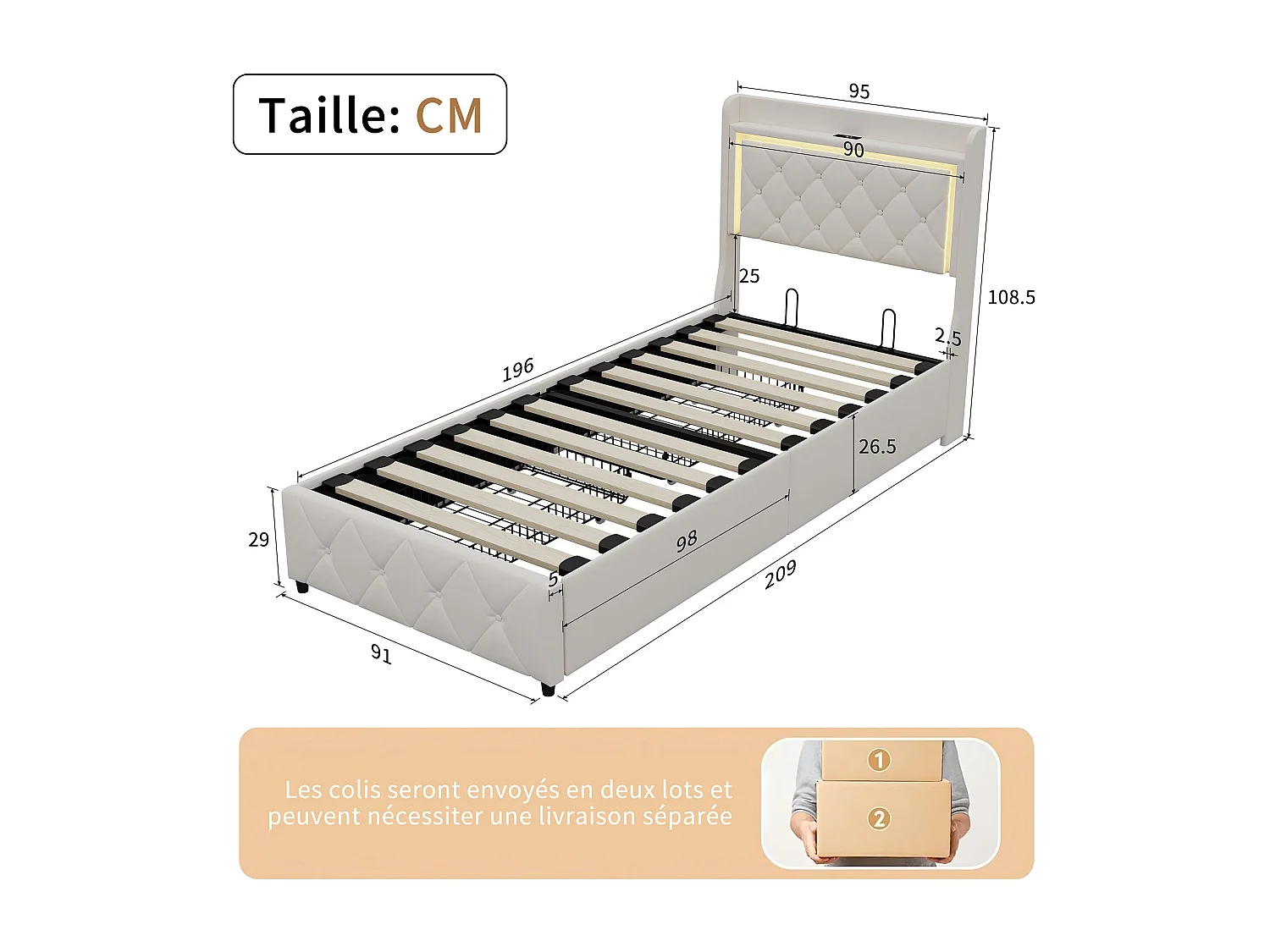 Lit capitonné avec tiroirs latéraux - 90 x 200 cm - avec port de charge USB - velours - beige