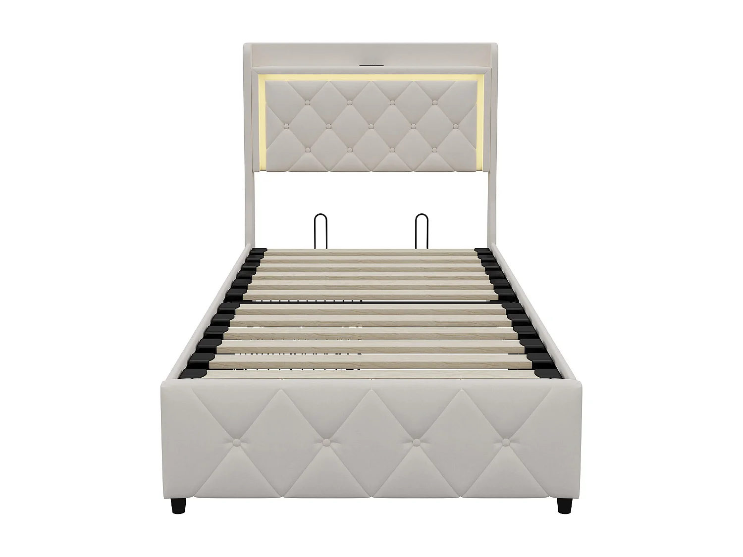 Lit capitonné avec tiroirs latéraux - 90 x 200 cm - avec port de charge USB - velours - beige