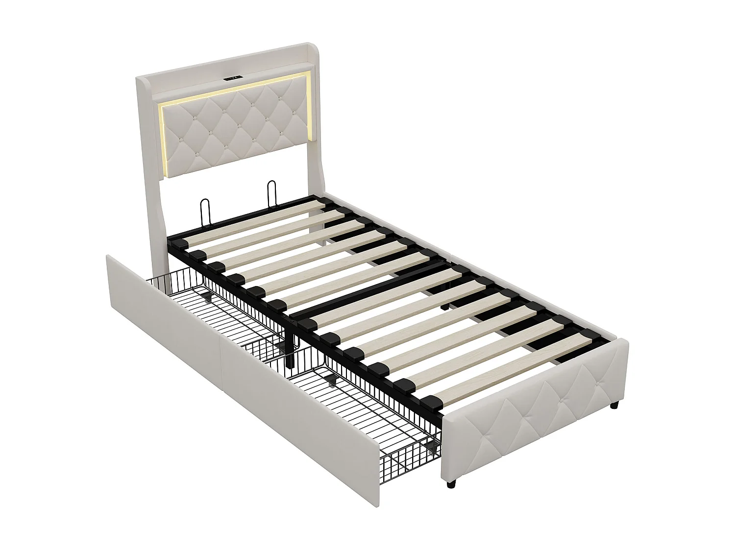 Lit capitonné avec tiroirs latéraux - 90 x 200 cm - avec port de charge USB - velours - beige