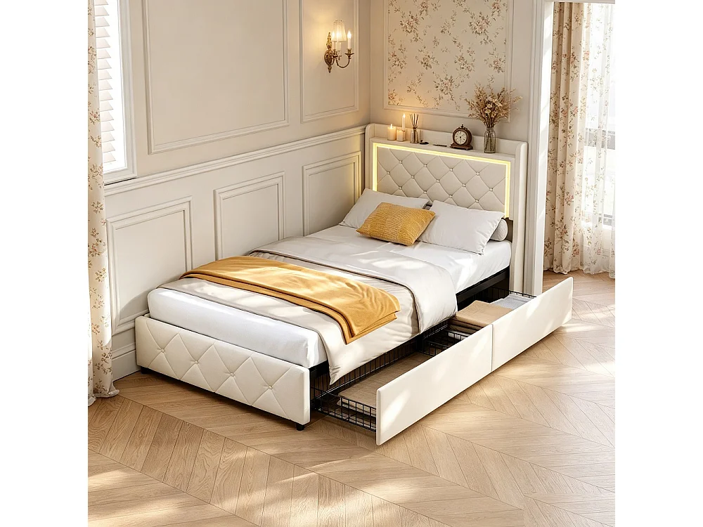 Lit capitonné avec tiroirs latéraux - 90 x 200 cm - avec port de charge USB - velours - beige