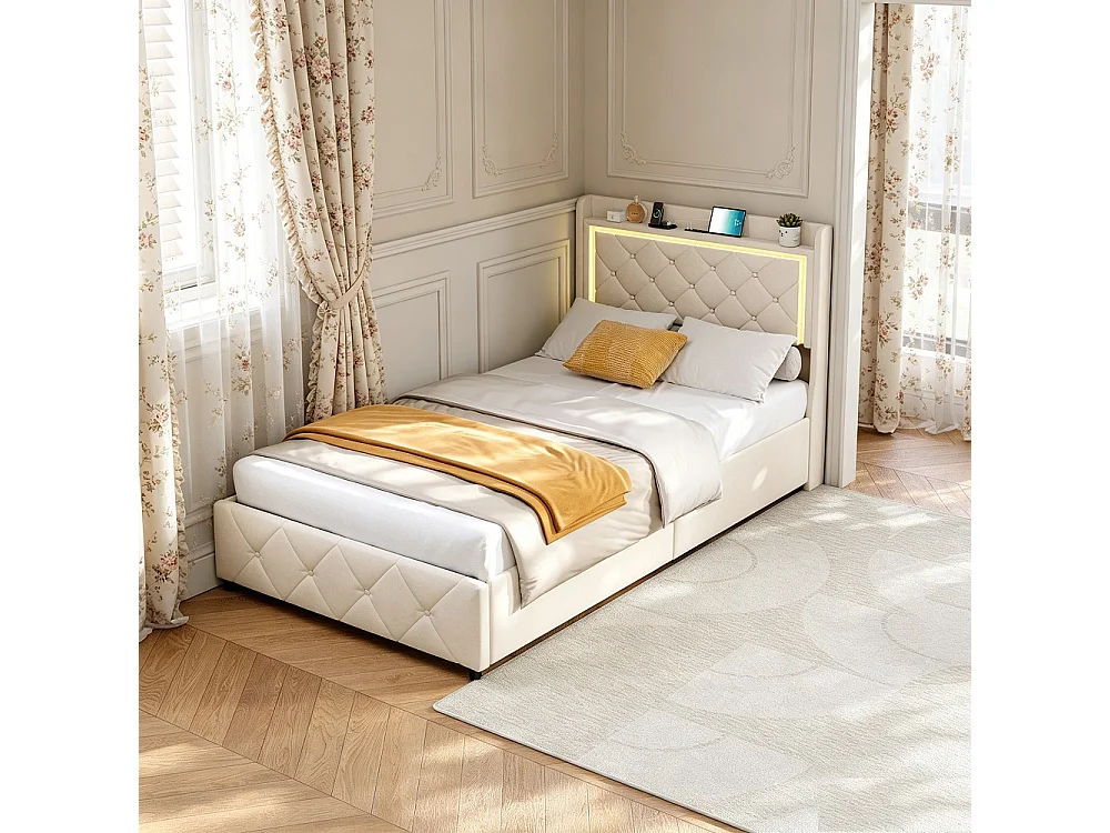 Lit capitonné avec tiroirs latéraux - 90 x 200 cm - avec port de charge USB - velours - beige