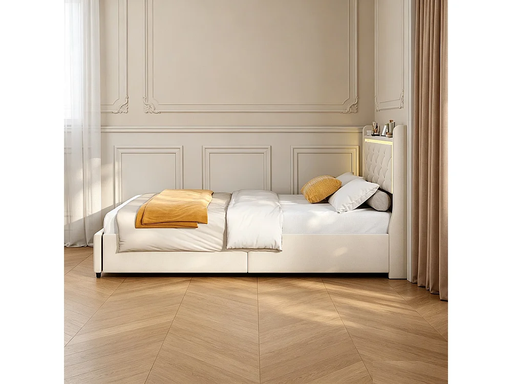 Lit capitonné avec tiroirs latéraux - 90 x 200 cm - avec port de charge USB - velours - beige