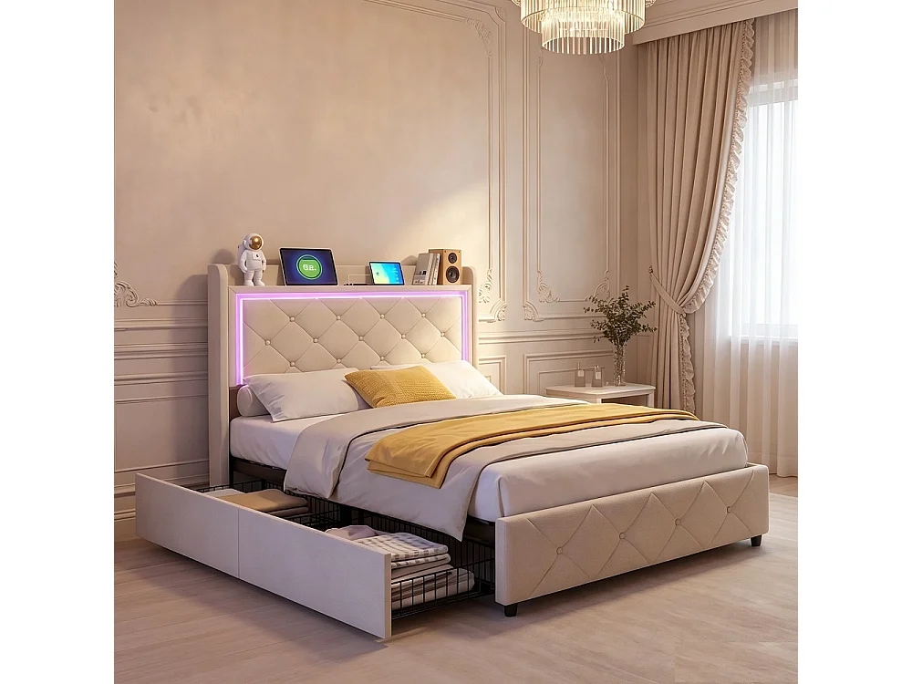 Lit capitonné avec tiroirs latéraux - 90 x 200 cm - avec port de charge USB - velours - beige