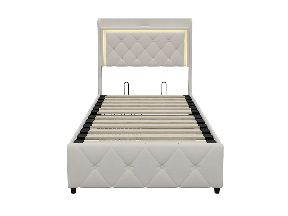 Lit capitonné avec tiroirs latéraux - 90 x 200 cm - avec port de charge USB - velours - beige