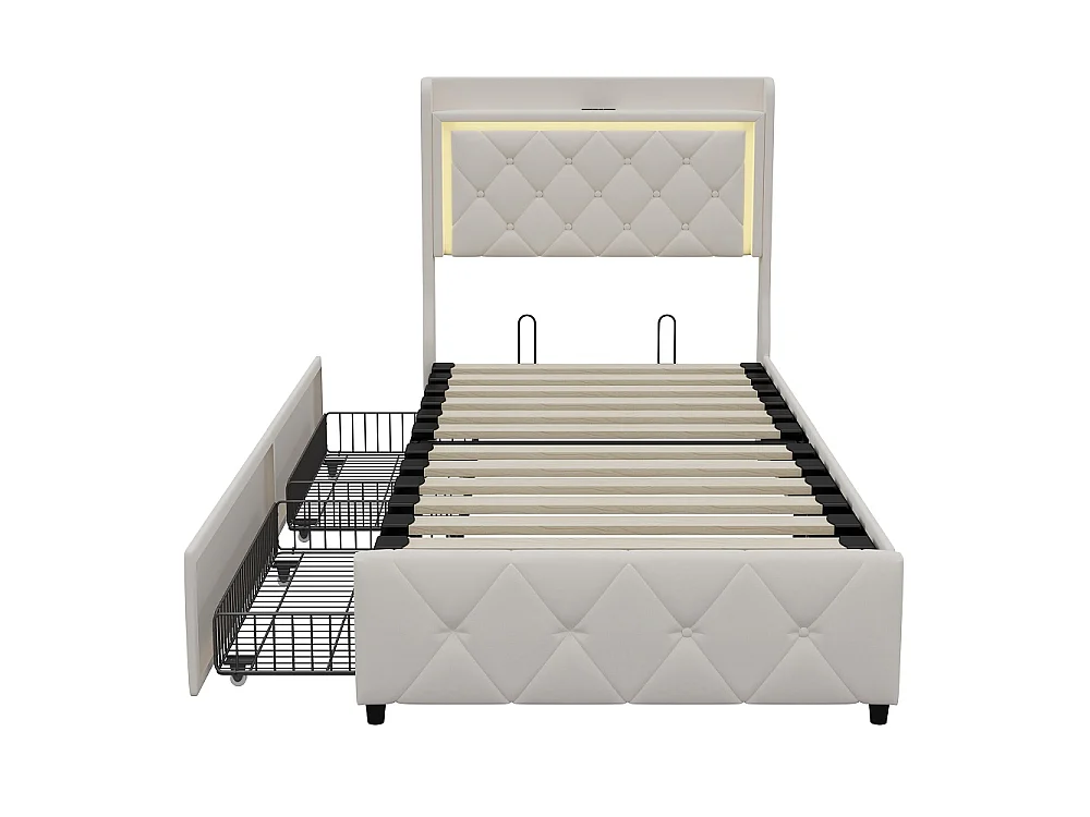 Lit capitonné avec tiroirs latéraux - 90 x 200 cm - avec port de charge USB - velours - beige