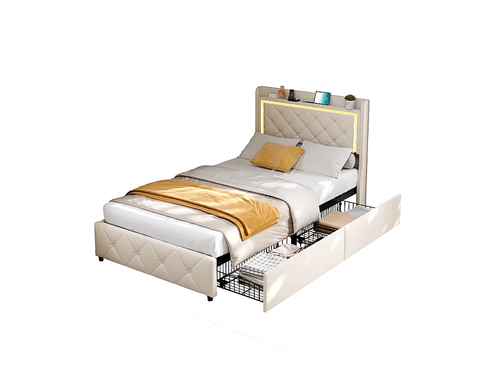 Lit capitonné avec tiroirs latéraux - 90 x 200 cm - avec port de charge USB - velours - beige