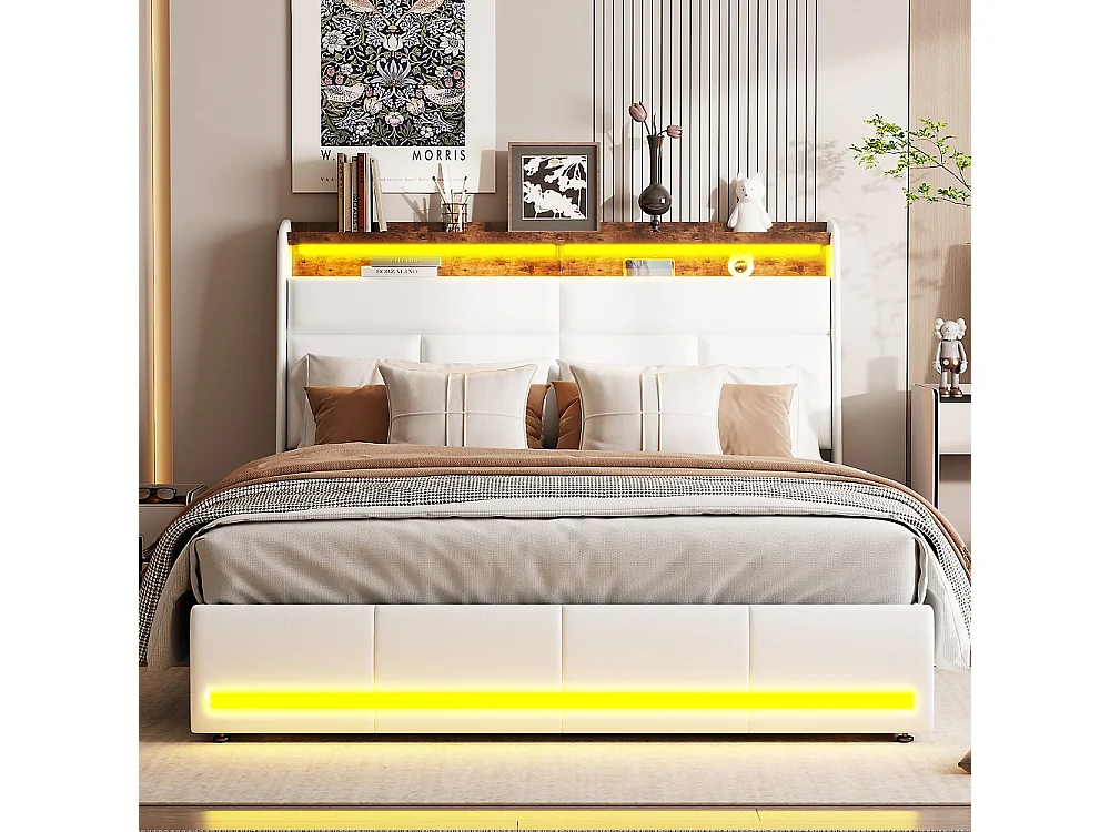 Letto contenitore per adulti 160x200 cm bianco PU con illuminazione LED testiera e pediera, vano portaoggetti integrato, pistoni idraulici