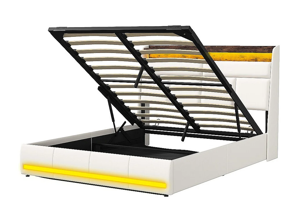 Letto contenitore per adulti 160x200 cm bianco PU con illuminazione LED testiera e pediera, vano portaoggetti integrato, pistoni idraulici