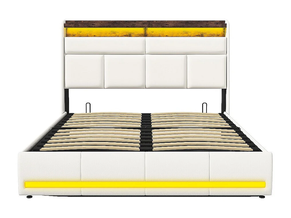 Letto contenitore per adulti 160x200 cm bianco PU con illuminazione LED testiera e pediera, vano portaoggetti integrato, pistoni idraulici