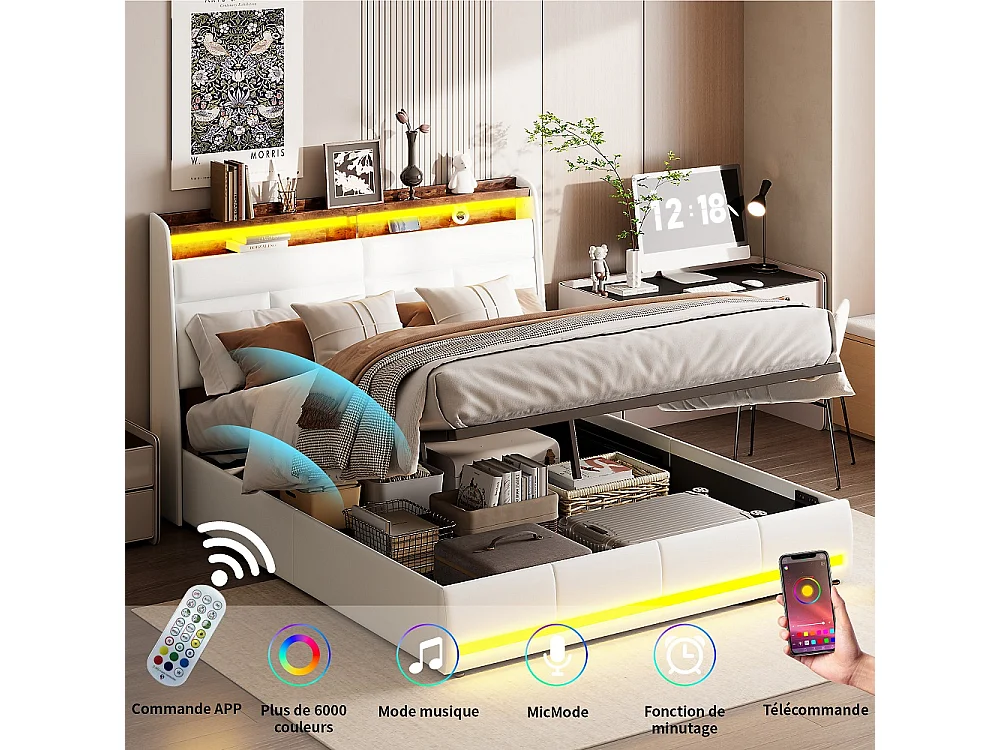 Letto contenitore per adulti 160x200 cm bianco PU con illuminazione LED testiera e pediera, vano portaoggetti integrato, pistoni idraulici