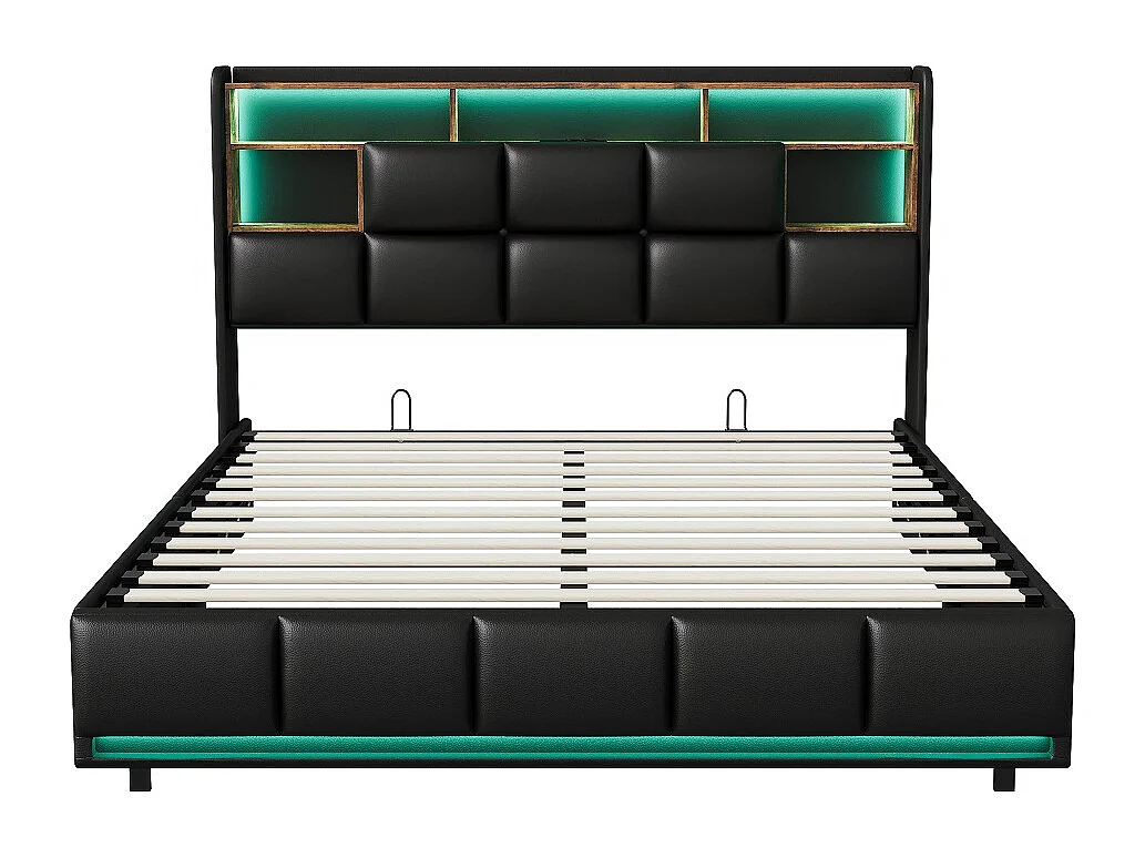 Letto contenitore idraulico LED 160x200 cm nero in pelle PU con porte USB e struttura a doghe