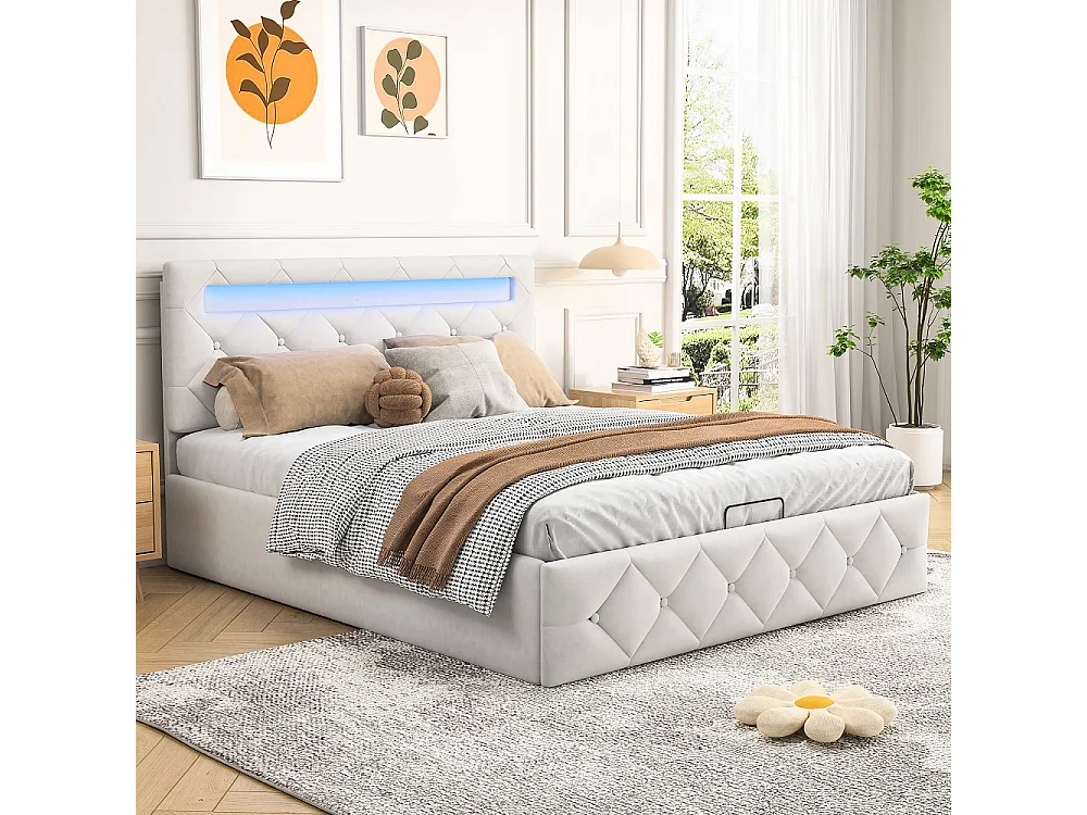 Łóżko podwójne 140x200 cm z aksamitu morelowego z hydraulicznym schowkiem i oświetleniem LED RGB, solidna rama i regulowane wezgłowie