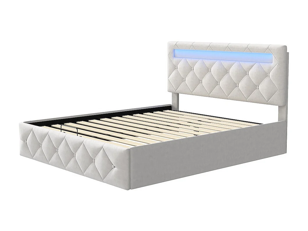 Łóżko podwójne 140x200 cm z aksamitu morelowego z hydraulicznym schowkiem i oświetleniem LED RGB, solidna rama i regulowane wezgłowie