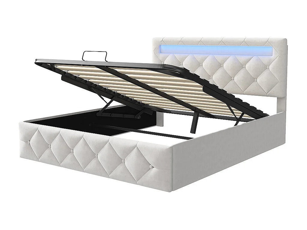 Łóżko podwójne 140x200 cm z aksamitu morelowego z hydraulicznym schowkiem i oświetleniem LED RGB, solidna rama i regulowane wezgłowie