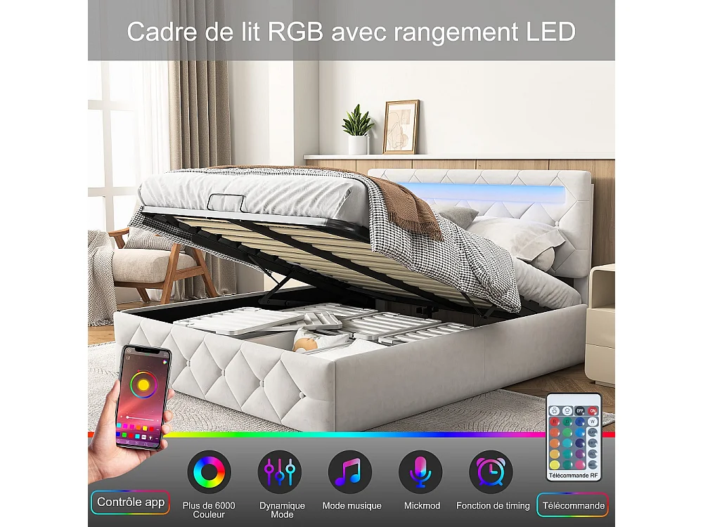 160 x 200 cm, lit de stockage hydraulique - lit double rembourré avec lumières LED et cadre à lames - cadre de lit en velours