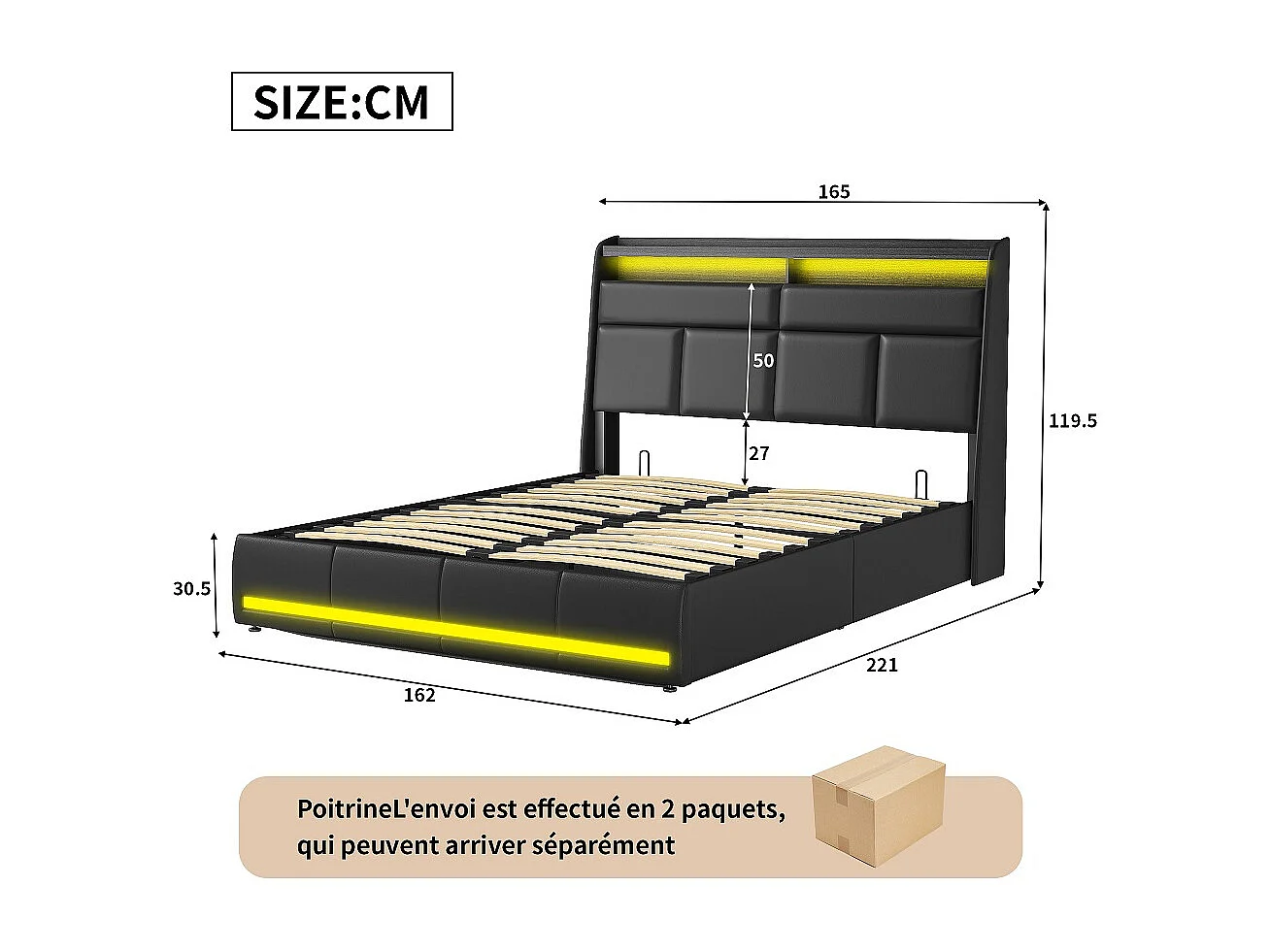 Letto contenitore 160x200 cm nero in PU con illuminazione LED testiera e pediera, vano portaoggetti integrato, design moderno e robusto