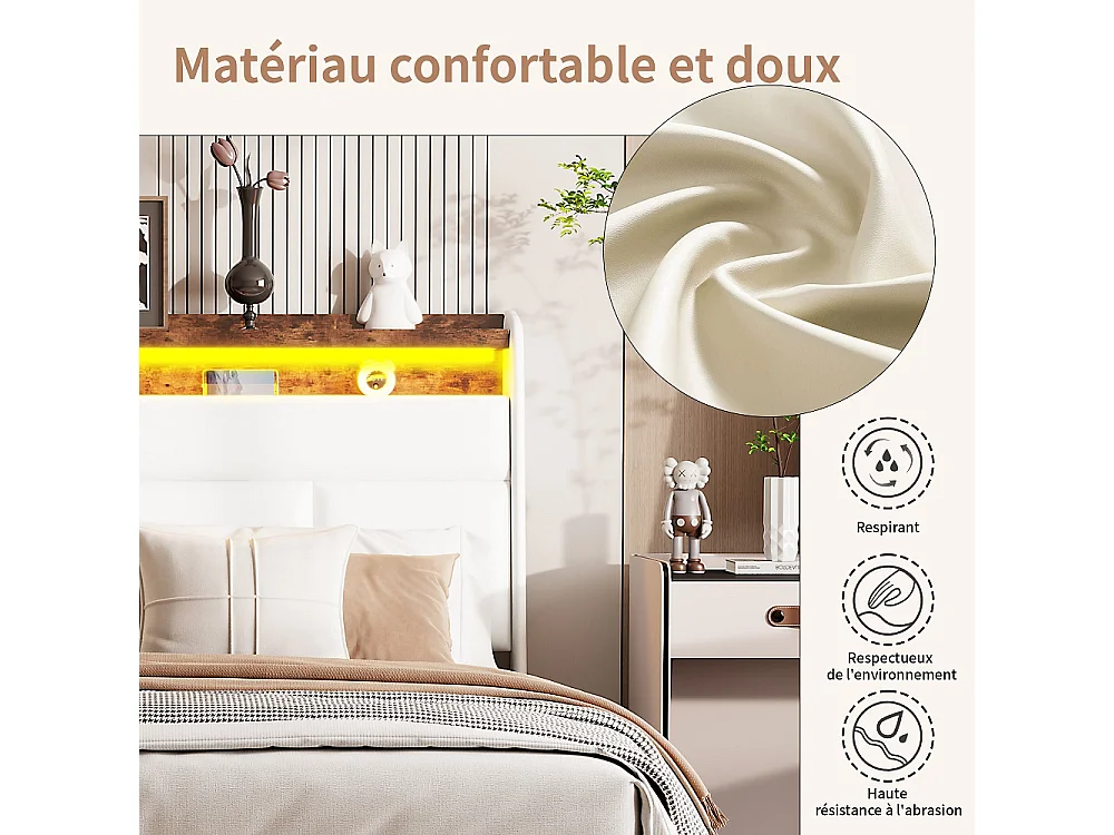 Lit avec coffre de rangement - 160 x 200 cm Cadre de lit - - tête et pied avec éclairage LED - Matériel PU - blanc