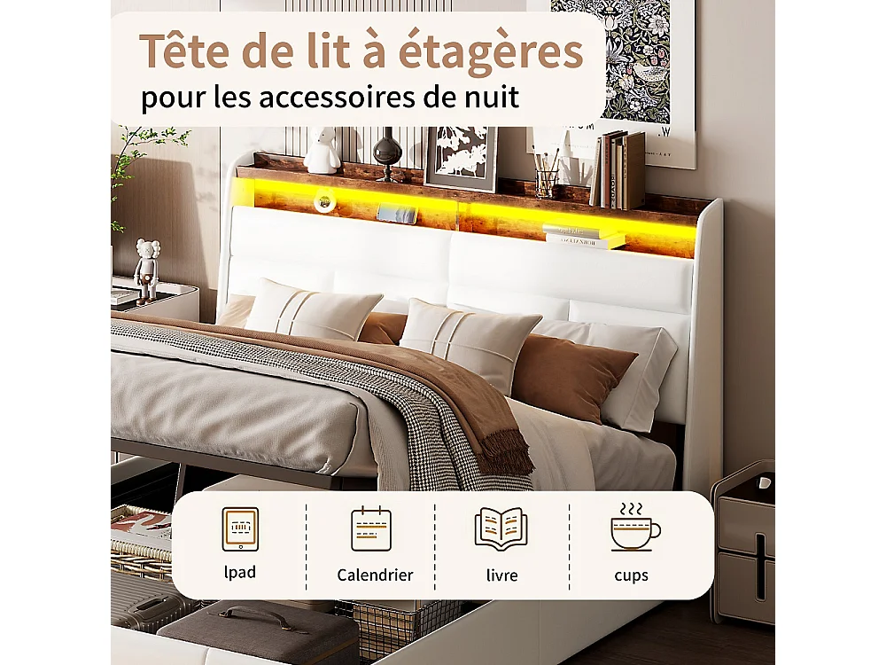 Lit avec coffre de rangement - 160 x 200 cm Cadre de lit - - tête et pied avec éclairage LED - Matériel PU - blanc