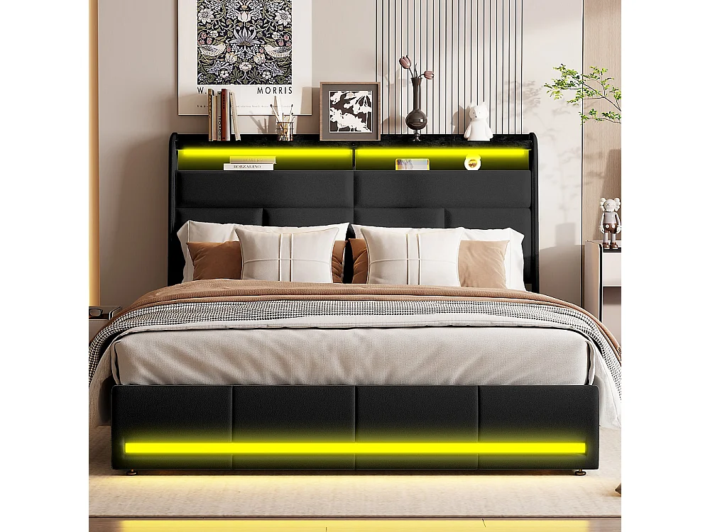 Łóżko z pojemnikiem 140x200 cm czarne z wielokolorowym LED, schowek w zagłówku i pod łóżkiem, nowoczesny design z trwałego PU