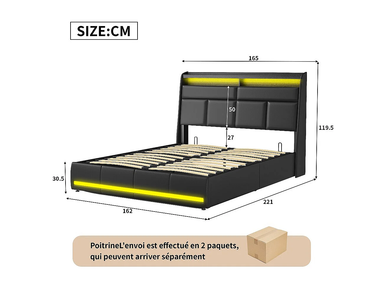 Łóżko z pojemnikiem 140x200 cm czarne z wielokolorowym LED, schowek w zagłówku i pod łóżkiem, nowoczesny design z trwałego PU