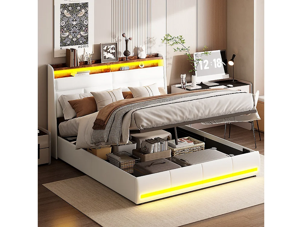 Letto contenitore 140x200 cm bianco PU con illuminazione LED testata e pediera, spazio di stoccaggio integrato, design contemporaneo