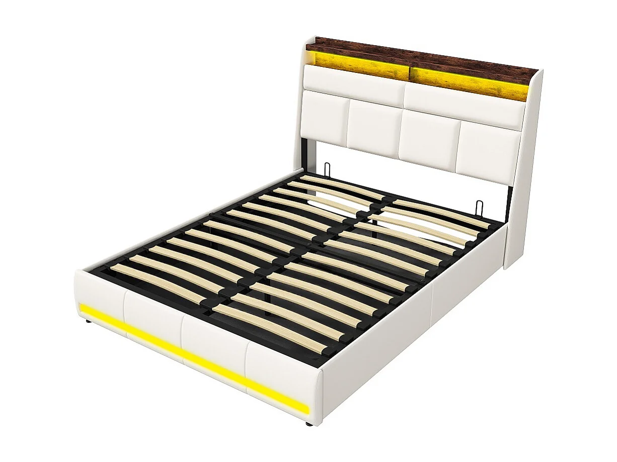 Letto contenitore 140x200 cm bianco PU con illuminazione LED testata e pediera, spazio di stoccaggio integrato, design contemporaneo