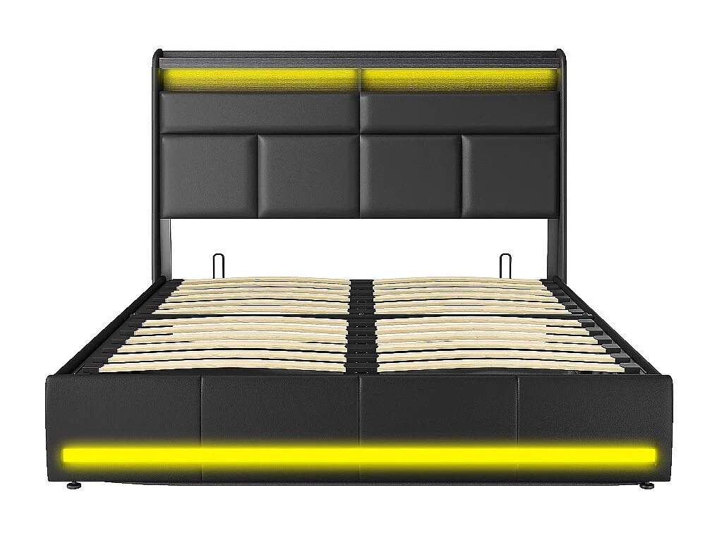 Letto contenitore 160x200 cm nero PU con LED multicolore, contenitore testiera e sottoletto, stile contemporaneo senza materasso