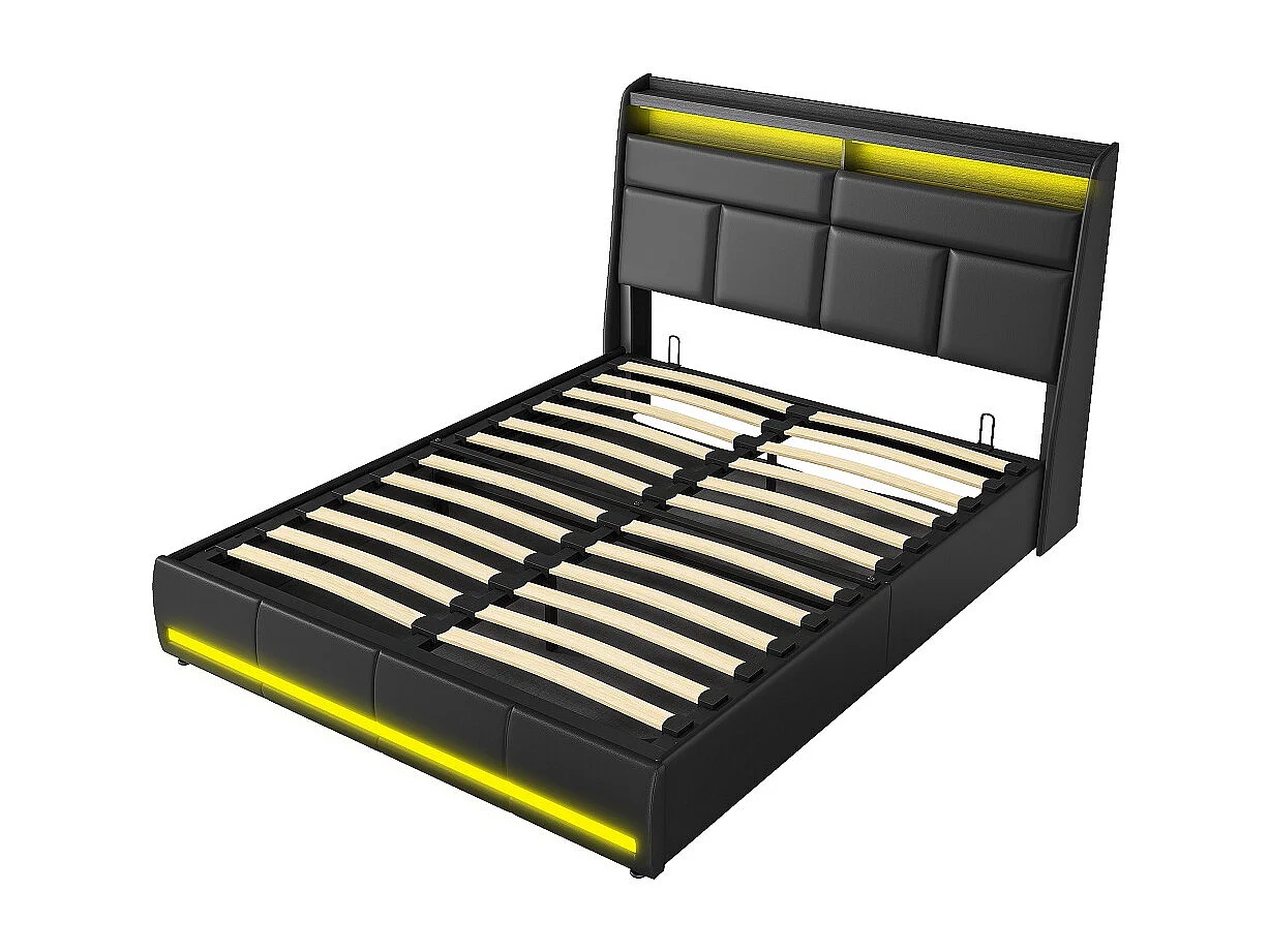 Letto contenitore 160x200 cm nero PU con LED multicolore, contenitore testiera e sottoletto, stile contemporaneo senza materasso