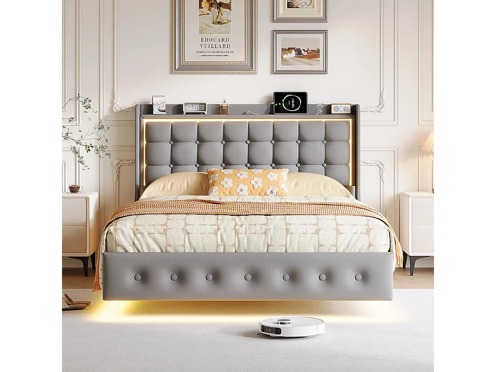Lit flottant 140 x 200 cm - avec éclairage LED et fonction de charge USB - Lit rembourré en velours - gris