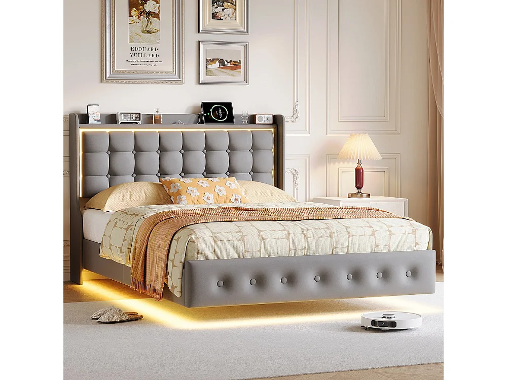 Lit flottant 140 x 200 cm - avec éclairage LED et fonction de charge USB - Lit rembourré en velours - gris