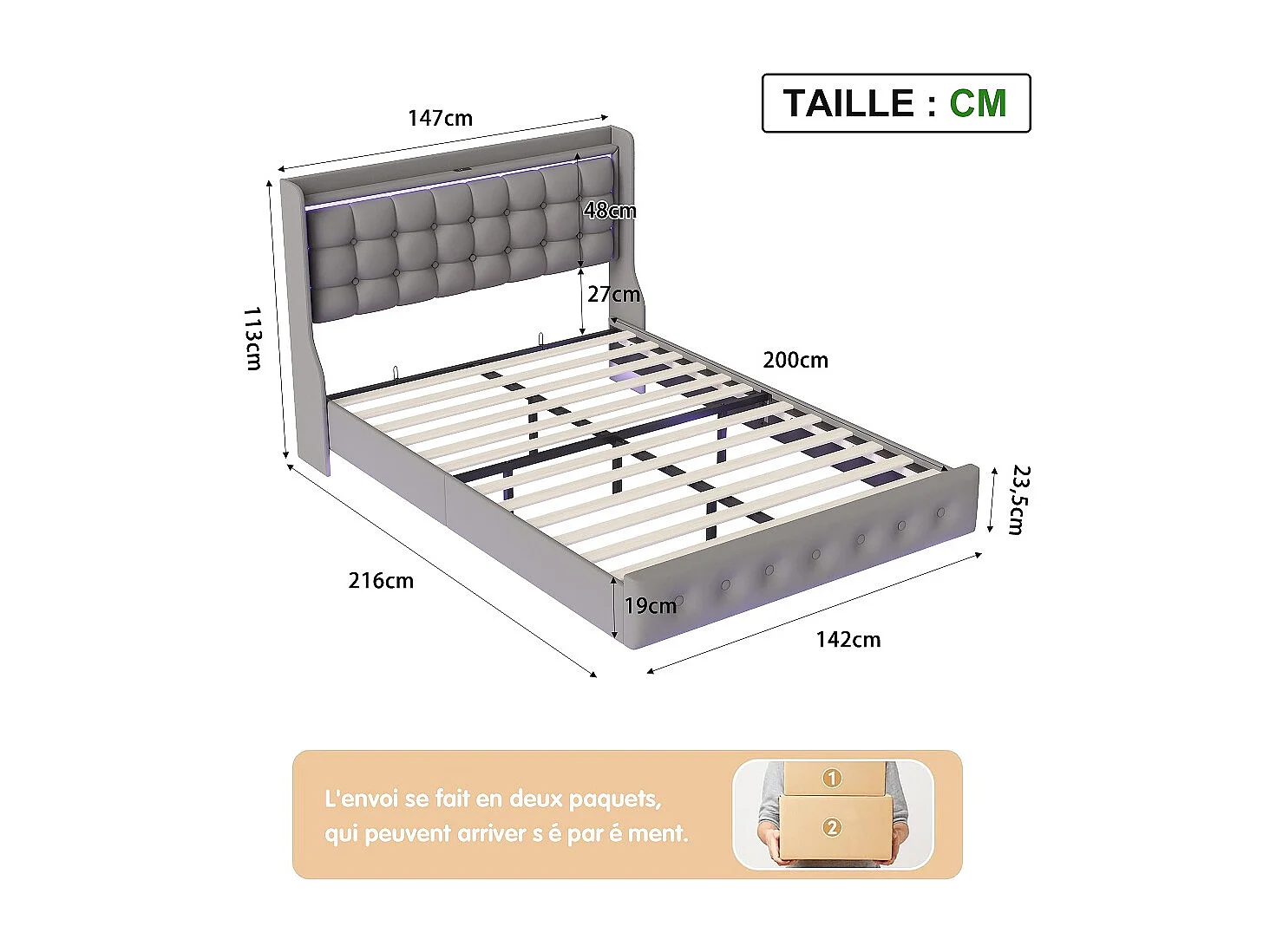 Lit flottant 140 x 200 cm - avec éclairage LED et fonction de charge USB - Lit rembourré en velours - gris