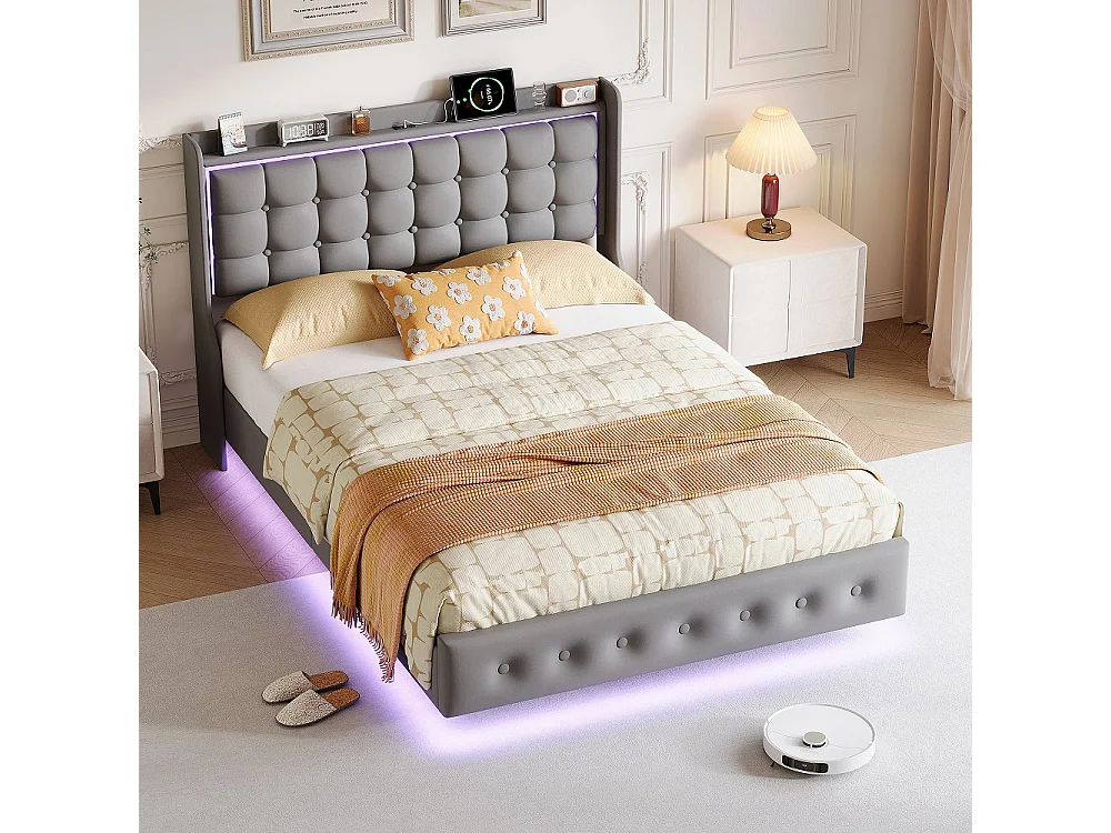 Lit flottant 140 x 200 cm - avec éclairage LED et fonction de charge USB - Lit rembourré en velours - gris