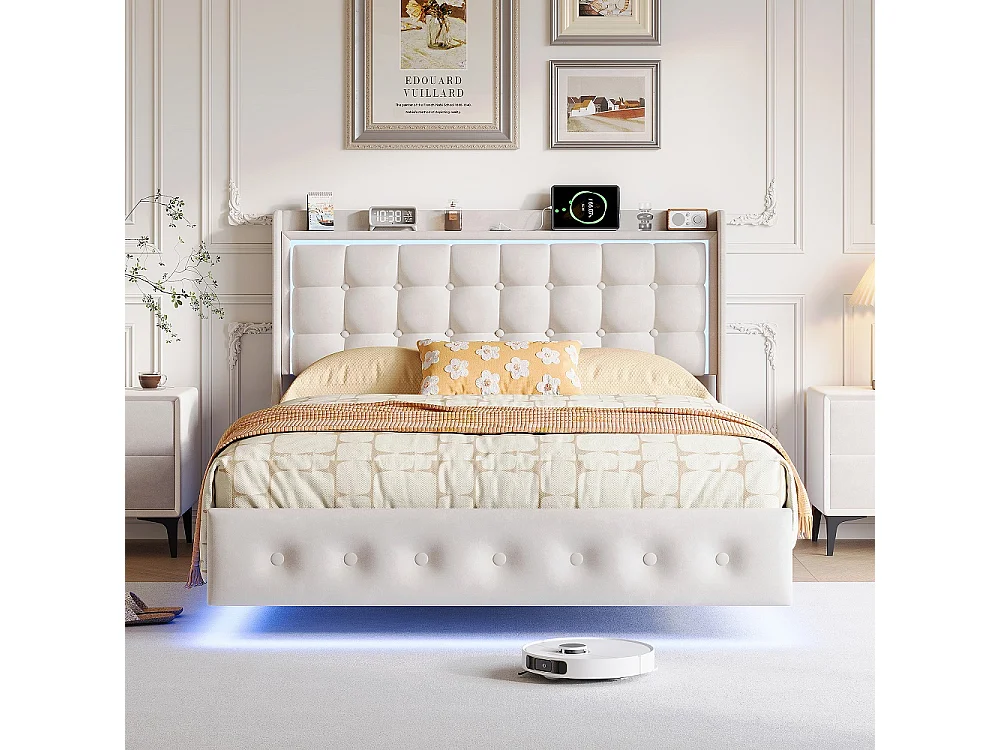 Lit flottant 140 x 200 cm - avec éclairage LED et fonction de charge USB - Lit rembourré en velours - blanc