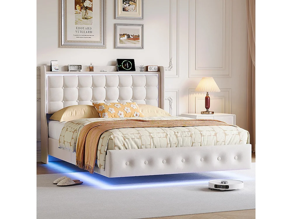 Lit flottant 140 x 200 cm - avec éclairage LED et fonction de charge USB - Lit rembourré en velours - blanc