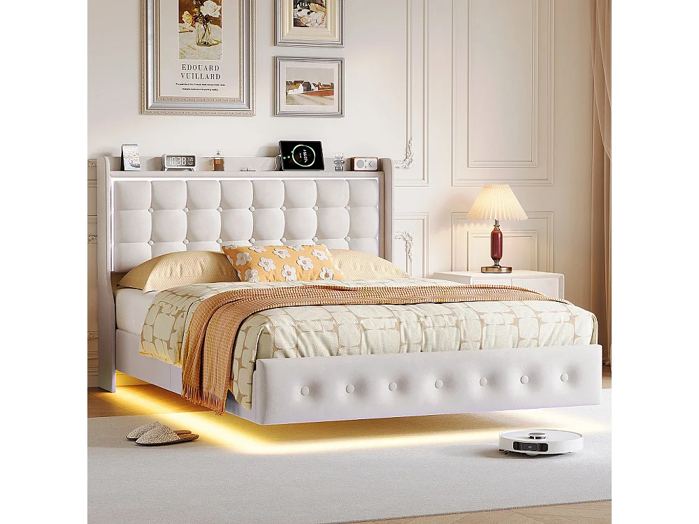 Lit flottant 160 x 200 cm - avec éclairage LED et fonction de charge USB - Lit rembourré en velours - blanc