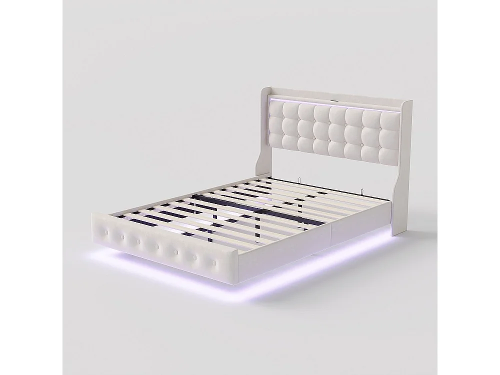 Lit flottant 160 x 200 cm - avec éclairage LED et fonction de charge USB - Lit rembourré en velours - blanc